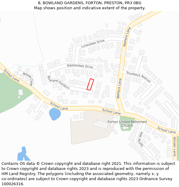 8, BOWLAND GARDENS, FORTON, PRESTON, PR3 0BG: Location map and indicative extent of plot
