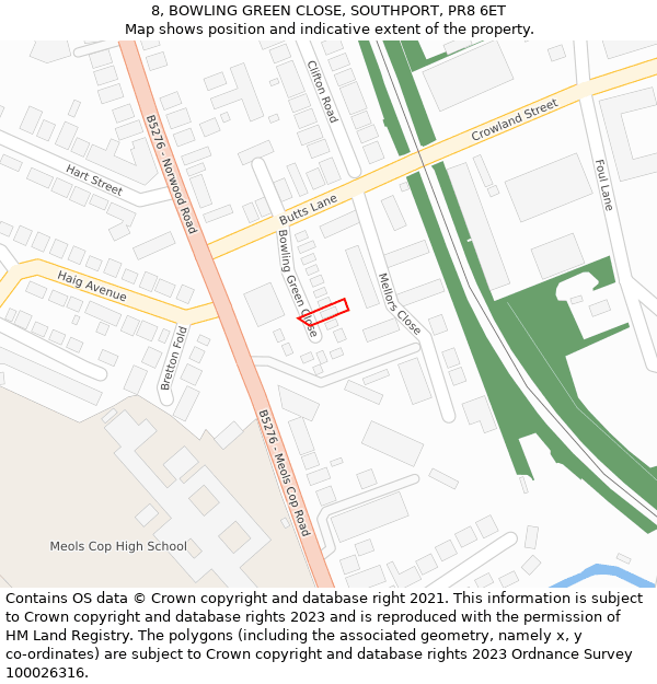 8, BOWLING GREEN CLOSE, SOUTHPORT, PR8 6ET: Location map and indicative extent of plot