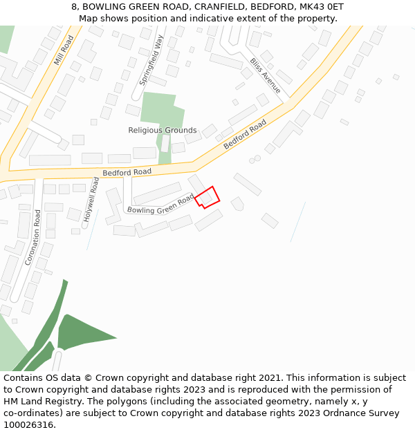 8, BOWLING GREEN ROAD, CRANFIELD, BEDFORD, MK43 0ET: Location map and indicative extent of plot