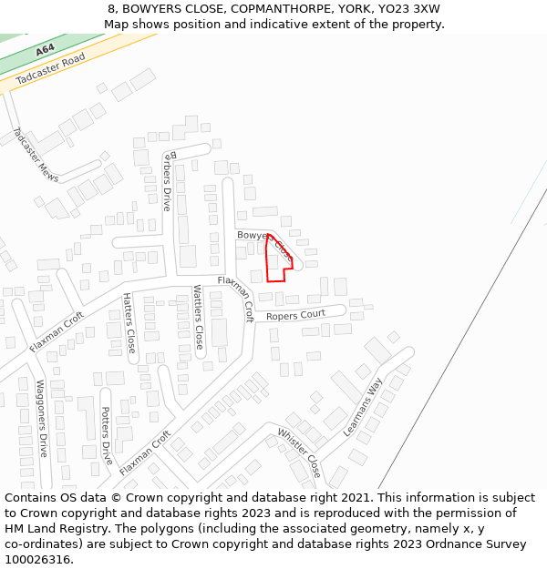 8, BOWYERS CLOSE, COPMANTHORPE, YORK, YO23 3XW: Location map and indicative extent of plot