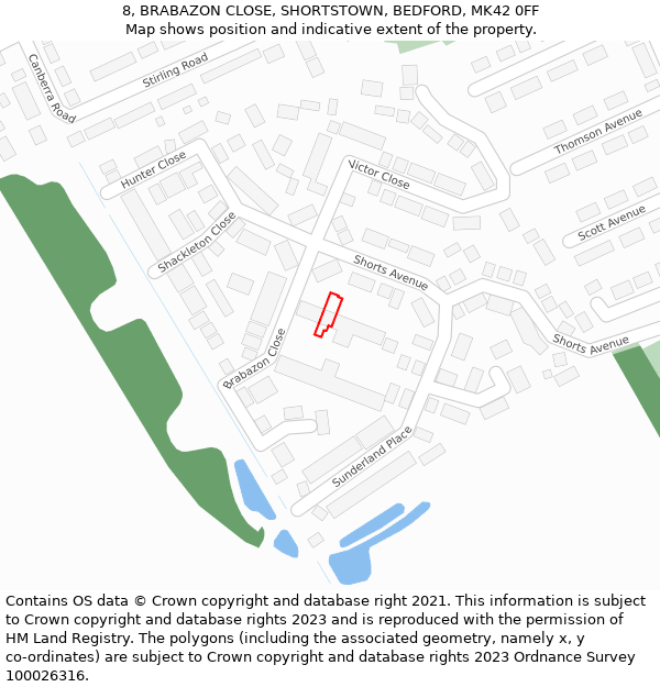 8, BRABAZON CLOSE, SHORTSTOWN, BEDFORD, MK42 0FF: Location map and indicative extent of plot