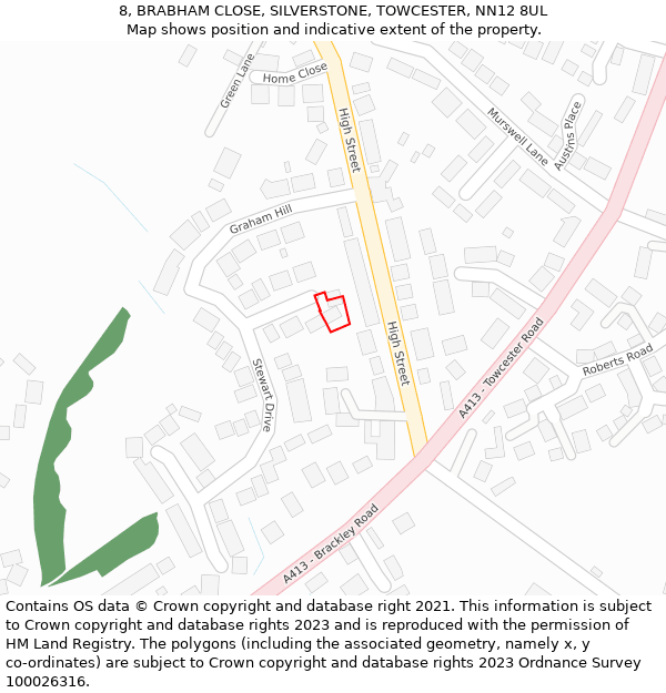 8, BRABHAM CLOSE, SILVERSTONE, TOWCESTER, NN12 8UL: Location map and indicative extent of plot