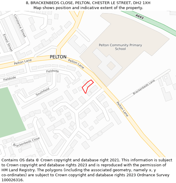 8, BRACKENBEDS CLOSE, PELTON, CHESTER LE STREET, DH2 1XH: Location map and indicative extent of plot