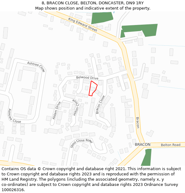 8, BRACON CLOSE, BELTON, DONCASTER, DN9 1RY: Location map and indicative extent of plot