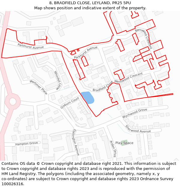 8, BRADFIELD CLOSE, LEYLAND, PR25 5PU: Location map and indicative extent of plot