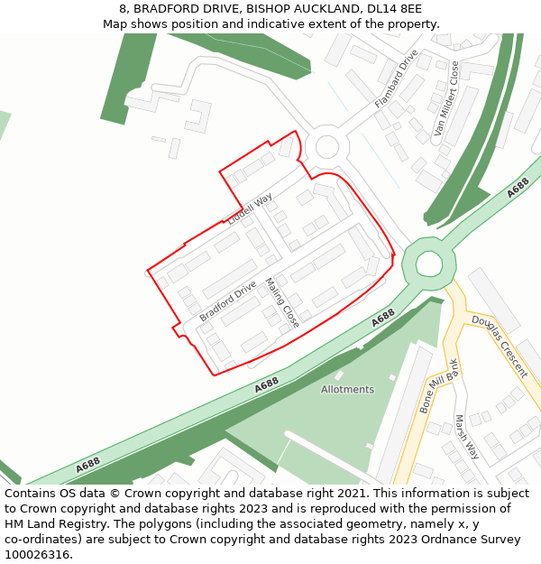 8, BRADFORD DRIVE, BISHOP AUCKLAND, DL14 8EE: Location map and indicative extent of plot