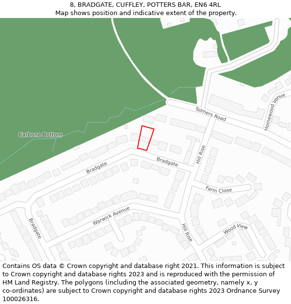 8, BRADGATE, CUFFLEY, POTTERS BAR, EN6 4RL: Location map and indicative extent of plot