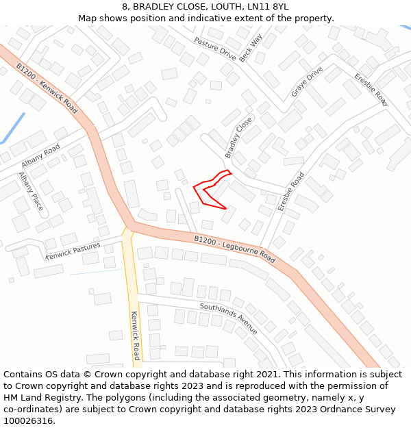 8, BRADLEY CLOSE, LOUTH, LN11 8YL: Location map and indicative extent of plot