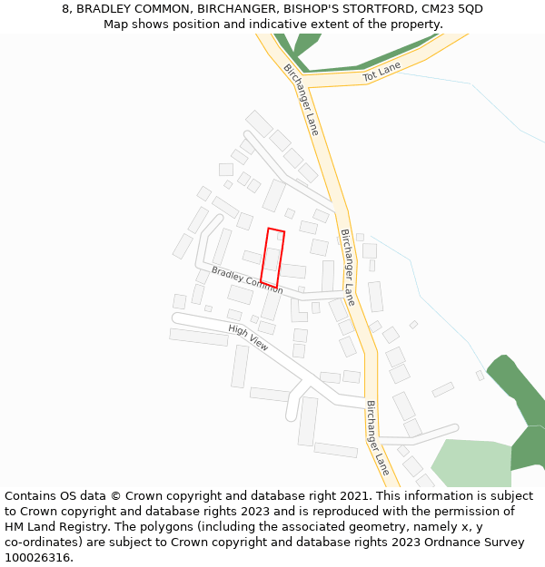 8, BRADLEY COMMON, BIRCHANGER, BISHOP'S STORTFORD, CM23 5QD: Location map and indicative extent of plot