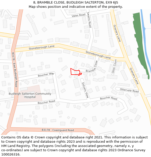 8, BRAMBLE CLOSE, BUDLEIGH SALTERTON, EX9 6JS: Location map and indicative extent of plot