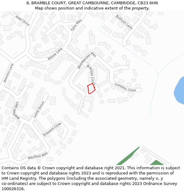 8, BRAMBLE COURT, GREAT CAMBOURNE, CAMBRIDGE, CB23 6HN: Location map and indicative extent of plot