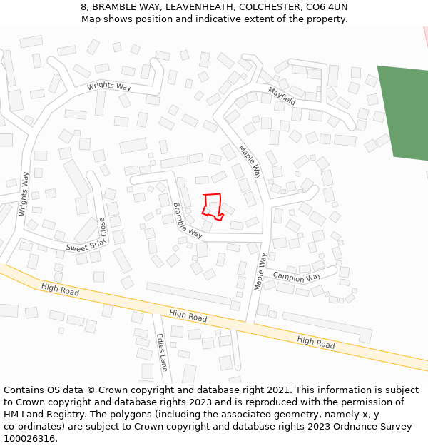 8, BRAMBLE WAY, LEAVENHEATH, COLCHESTER, CO6 4UN: Location map and indicative extent of plot