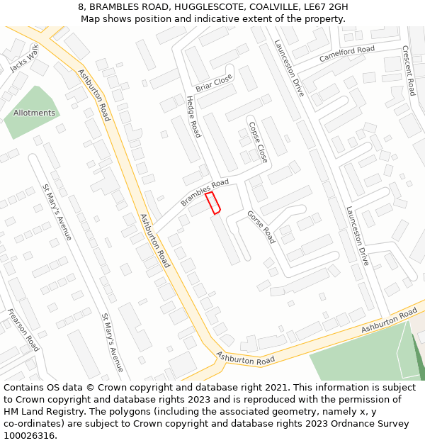 8, BRAMBLES ROAD, HUGGLESCOTE, COALVILLE, LE67 2GH: Location map and indicative extent of plot