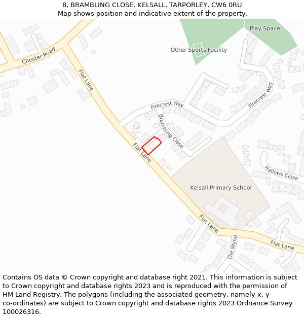 8, BRAMBLING CLOSE, KELSALL, TARPORLEY, CW6 0RU: Location map and indicative extent of plot