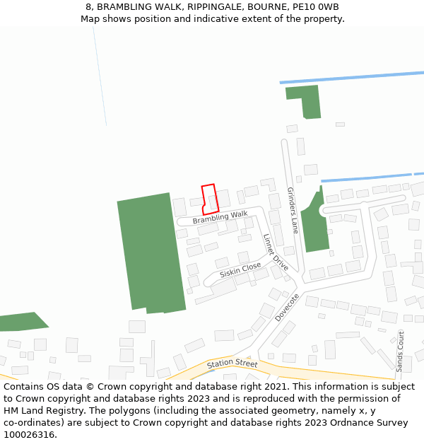 8, BRAMBLING WALK, RIPPINGALE, BOURNE, PE10 0WB: Location map and indicative extent of plot