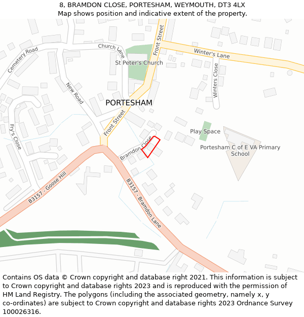 8, BRAMDON CLOSE, PORTESHAM, WEYMOUTH, DT3 4LX: Location map and indicative extent of plot