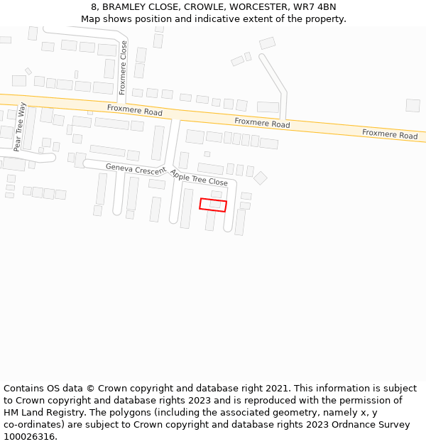 8, BRAMLEY CLOSE, CROWLE, WORCESTER, WR7 4BN: Location map and indicative extent of plot