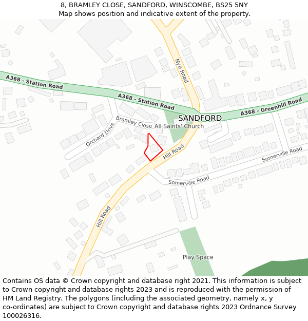 8, BRAMLEY CLOSE, SANDFORD, WINSCOMBE, BS25 5NY: Location map and indicative extent of plot