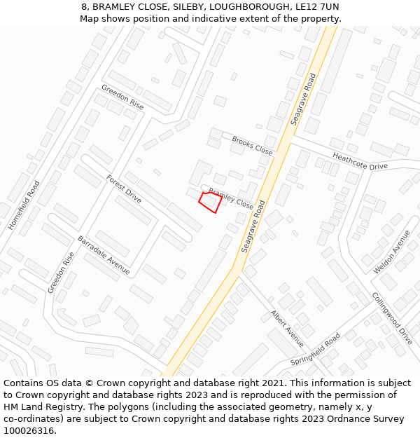 8, BRAMLEY CLOSE, SILEBY, LOUGHBOROUGH, LE12 7UN: Location map and indicative extent of plot