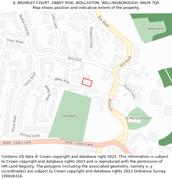 8, BRAMLEY COURT, ABBEY RISE, WOLLASTON, WELLINGBOROUGH, NN29 7QA: Location map and indicative extent of plot