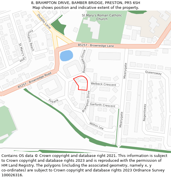 8, BRAMPTON DRIVE, BAMBER BRIDGE, PRESTON, PR5 6SH: Location map and indicative extent of plot