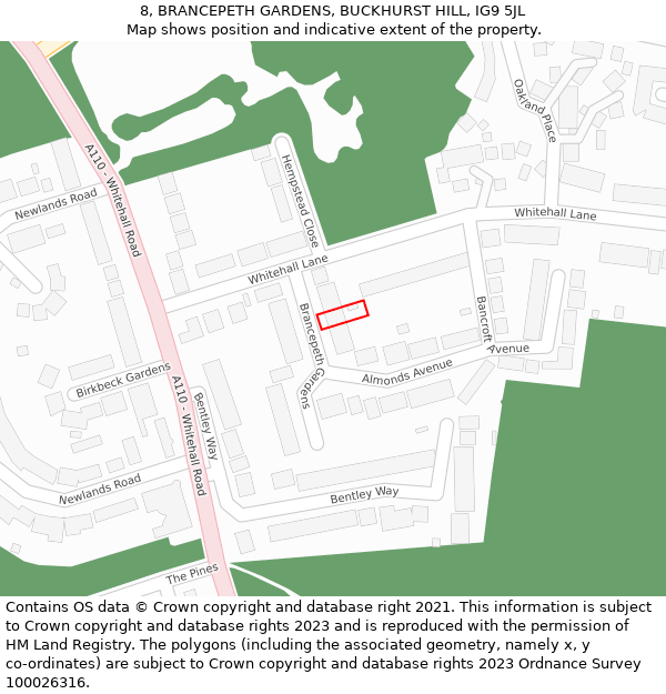 8, BRANCEPETH GARDENS, BUCKHURST HILL, IG9 5JL: Location map and indicative extent of plot