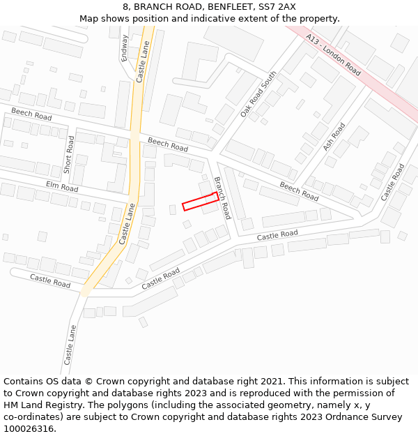 8, BRANCH ROAD, BENFLEET, SS7 2AX: Location map and indicative extent of plot
