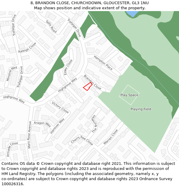 8, BRANDON CLOSE, CHURCHDOWN, GLOUCESTER, GL3 1NU: Location map and indicative extent of plot