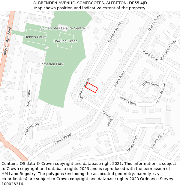 8, BRENDEN AVENUE, SOMERCOTES, ALFRETON, DE55 4JD: Location map and indicative extent of plot