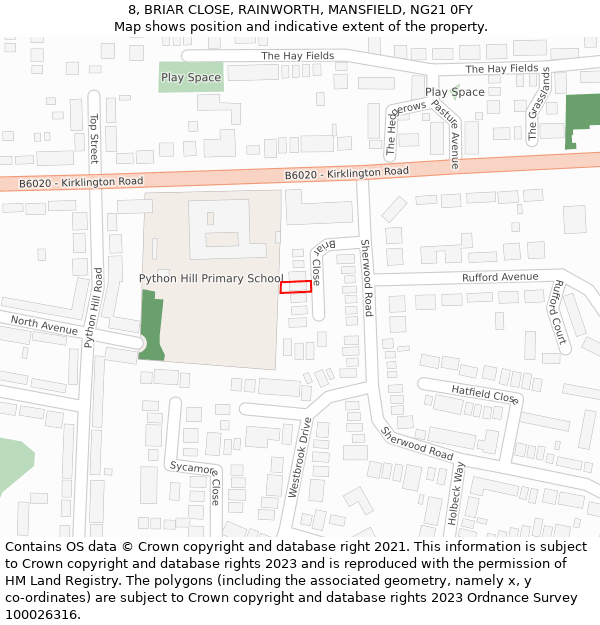 8, BRIAR CLOSE, RAINWORTH, MANSFIELD, NG21 0FY: Location map and indicative extent of plot