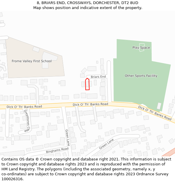 8, BRIARS END, CROSSWAYS, DORCHESTER, DT2 8UD: Location map and indicative extent of plot