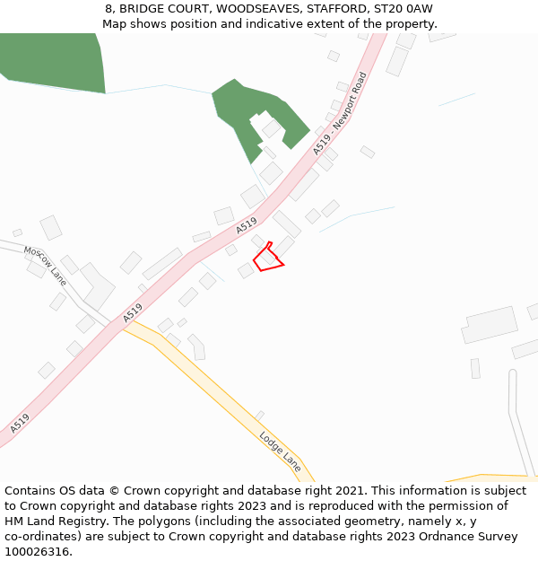 8, BRIDGE COURT, WOODSEAVES, STAFFORD, ST20 0AW: Location map and indicative extent of plot