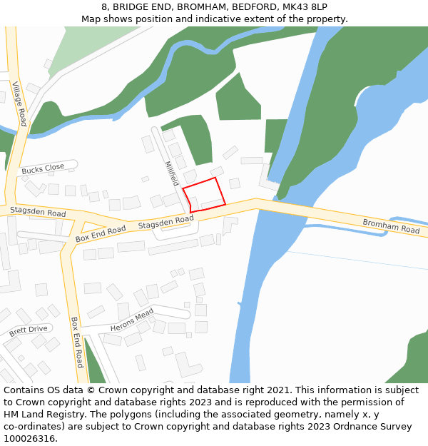 8, BRIDGE END, BROMHAM, BEDFORD, MK43 8LP: Location map and indicative extent of plot