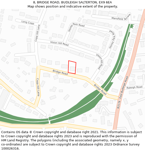 8, BRIDGE ROAD, BUDLEIGH SALTERTON, EX9 6EA: Location map and indicative extent of plot