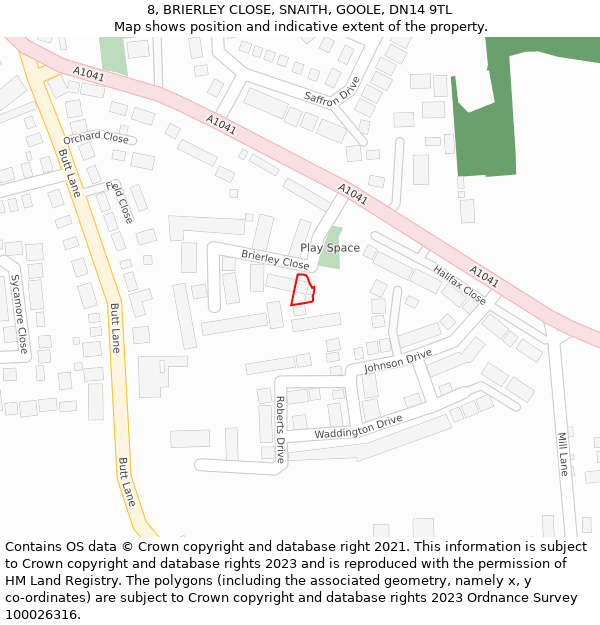 8, BRIERLEY CLOSE, SNAITH, GOOLE, DN14 9TL: Location map and indicative extent of plot