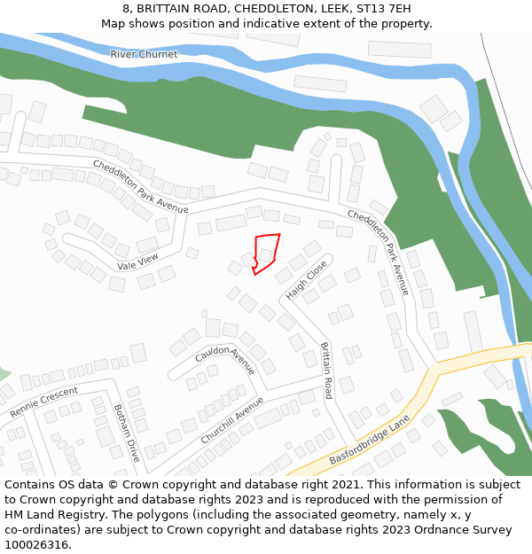 8, BRITTAIN ROAD, CHEDDLETON, LEEK, ST13 7EH: Location map and indicative extent of plot