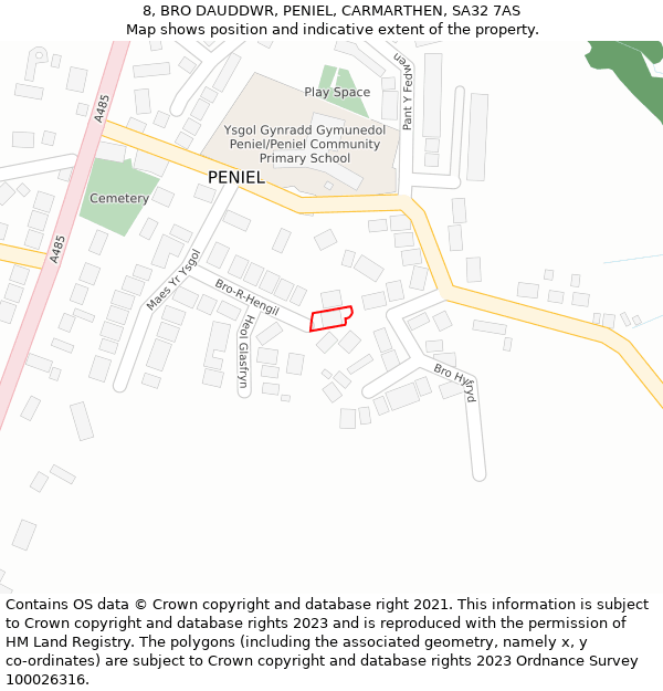 8, BRO DAUDDWR, PENIEL, CARMARTHEN, SA32 7AS: Location map and indicative extent of plot