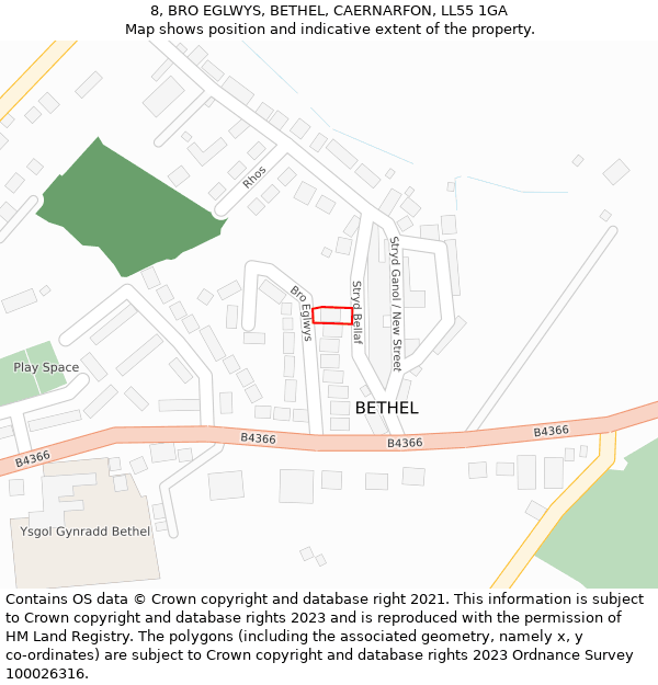 8, BRO EGLWYS, BETHEL, CAERNARFON, LL55 1GA: Location map and indicative extent of plot