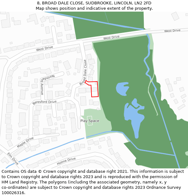 8, BROAD DALE CLOSE, SUDBROOKE, LINCOLN, LN2 2FD: Location map and indicative extent of plot