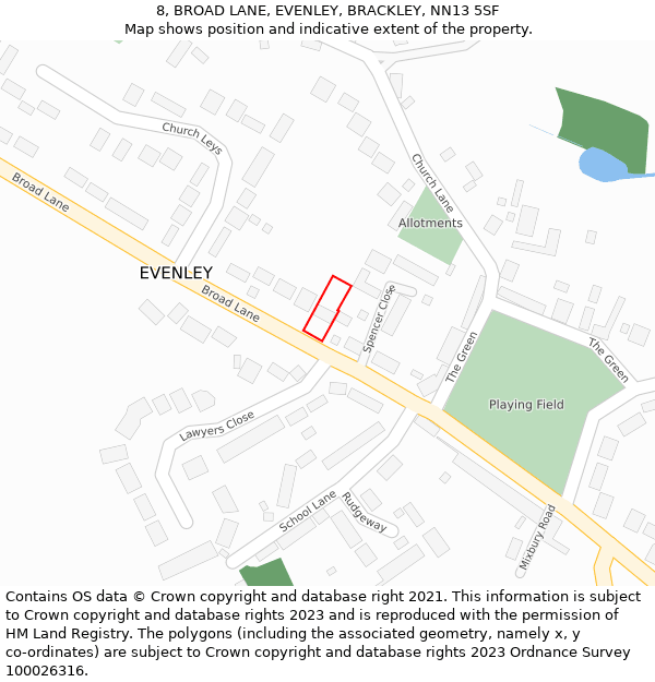 8, BROAD LANE, EVENLEY, BRACKLEY, NN13 5SF: Location map and indicative extent of plot