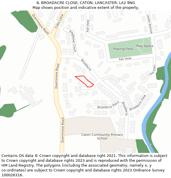 8, BROADACRE CLOSE, CATON, LANCASTER, LA2 9NG: Location map and indicative extent of plot