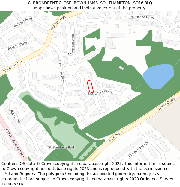 8, BROADBENT CLOSE, ROWNHAMS, SOUTHAMPTON, SO16 8LQ: Location map and indicative extent of plot