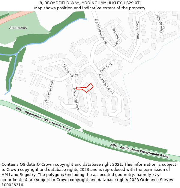 8, BROADFIELD WAY, ADDINGHAM, ILKLEY, LS29 0TJ: Location map and indicative extent of plot