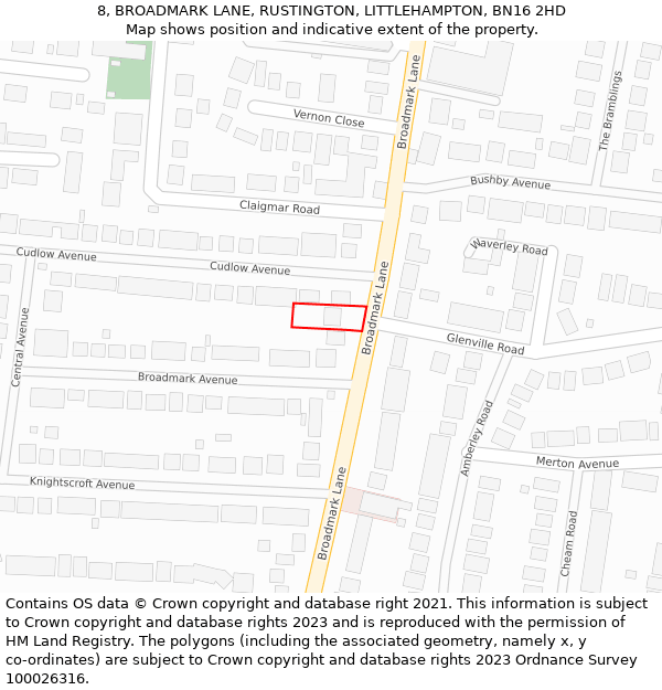 8, BROADMARK LANE, RUSTINGTON, LITTLEHAMPTON, BN16 2HD: Location map and indicative extent of plot