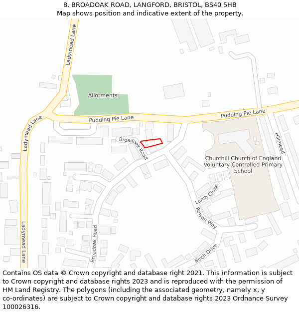 8, BROADOAK ROAD, LANGFORD, BRISTOL, BS40 5HB: Location map and indicative extent of plot