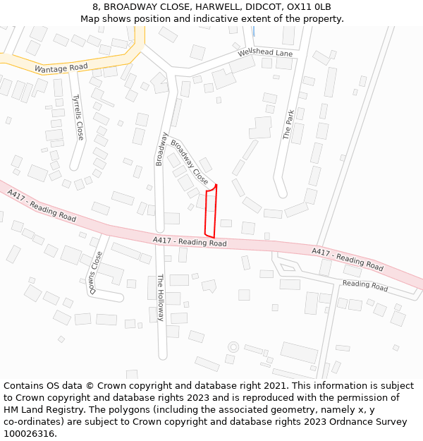 8, BROADWAY CLOSE, HARWELL, DIDCOT, OX11 0LB: Location map and indicative extent of plot