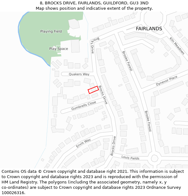 8, BROCKS DRIVE, FAIRLANDS, GUILDFORD, GU3 3ND: Location map and indicative extent of plot