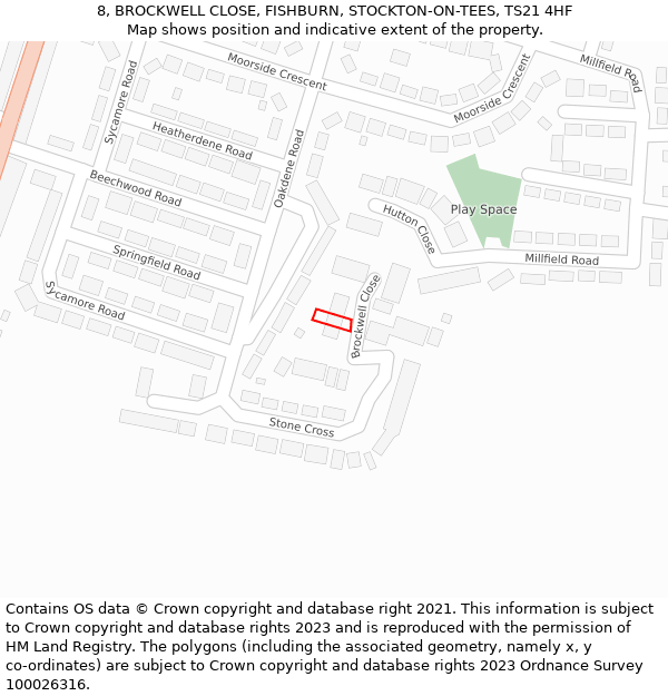 8, BROCKWELL CLOSE, FISHBURN, STOCKTON-ON-TEES, TS21 4HF: Location map and indicative extent of plot