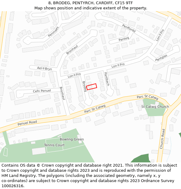 8, BRODEG, PENTYRCH, CARDIFF, CF15 9TF: Location map and indicative extent of plot