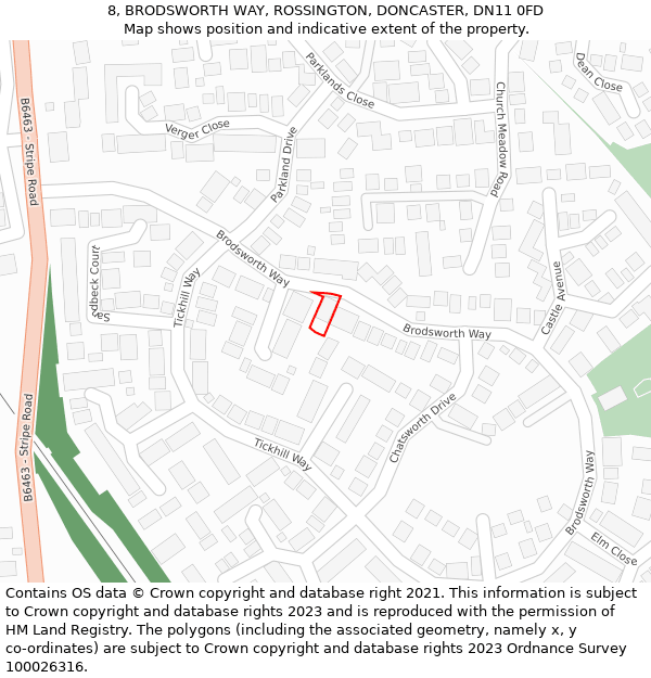 8, BRODSWORTH WAY, ROSSINGTON, DONCASTER, DN11 0FD: Location map and indicative extent of plot